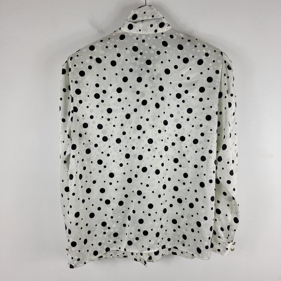 Leslie Fay Vintage 80s Jacquard Polka Dot Puff Sleeve Buton Up Tie Bow Blouse - Picture 10 of 10